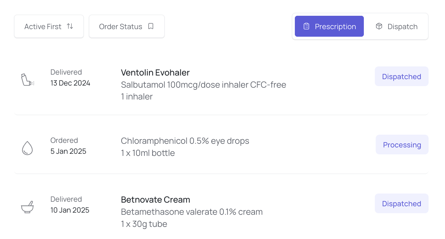 Orders list with prescription and dispatch details