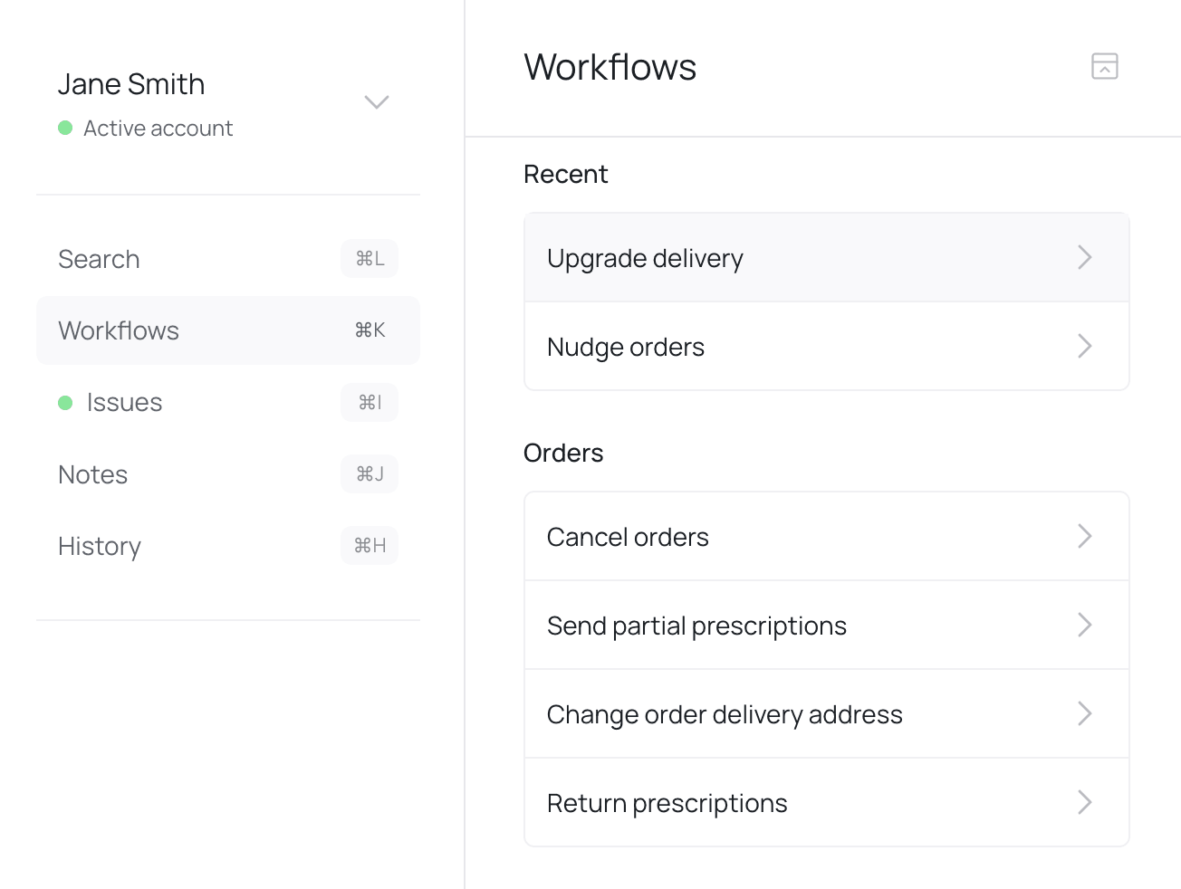 Workflows panel with search, issues, and order actions